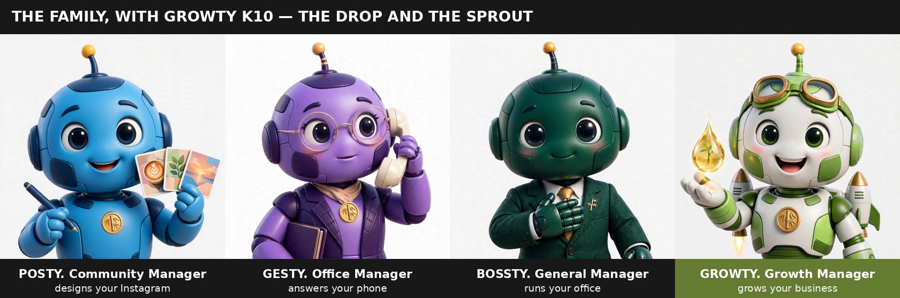 The Bambooty family at their posts: Posty designs your Instagram, Gesty answers your phone, Bossty runs your office and Growty grows your business