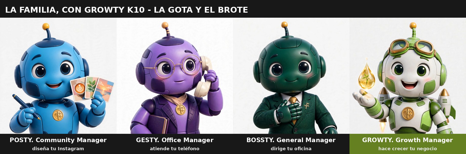 La familia Bambooty en su puesto: Posty diseña tu Instagram, Gesty atiende tu teléfono, Bossty dirige tu oficina y Growty hace crecer tu negocio